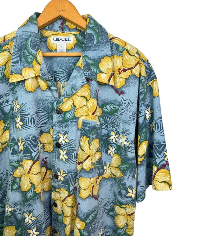 90’s Blue Hawaiian Hibiscus Print Short Sleeve Buttondown Size XL