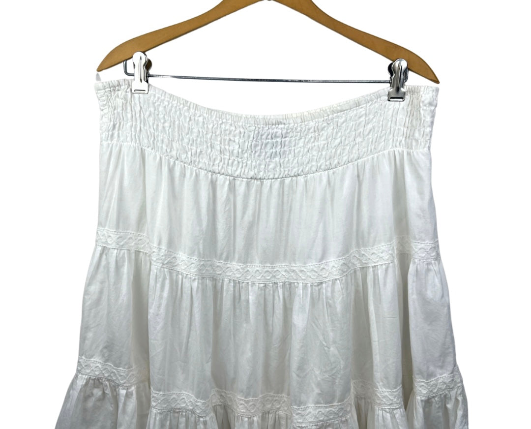 00’s White Gauzy Tiered Boho Lace Trim Skirt Size L/XL