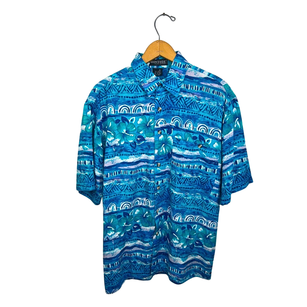 90’s Blue Hawaiian Hibiscus Print Short Sleeve Buttondown
