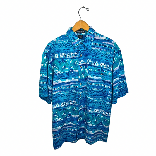 90’s Blue Hawaiian Hibiscus Print Short Sleeve Buttondown