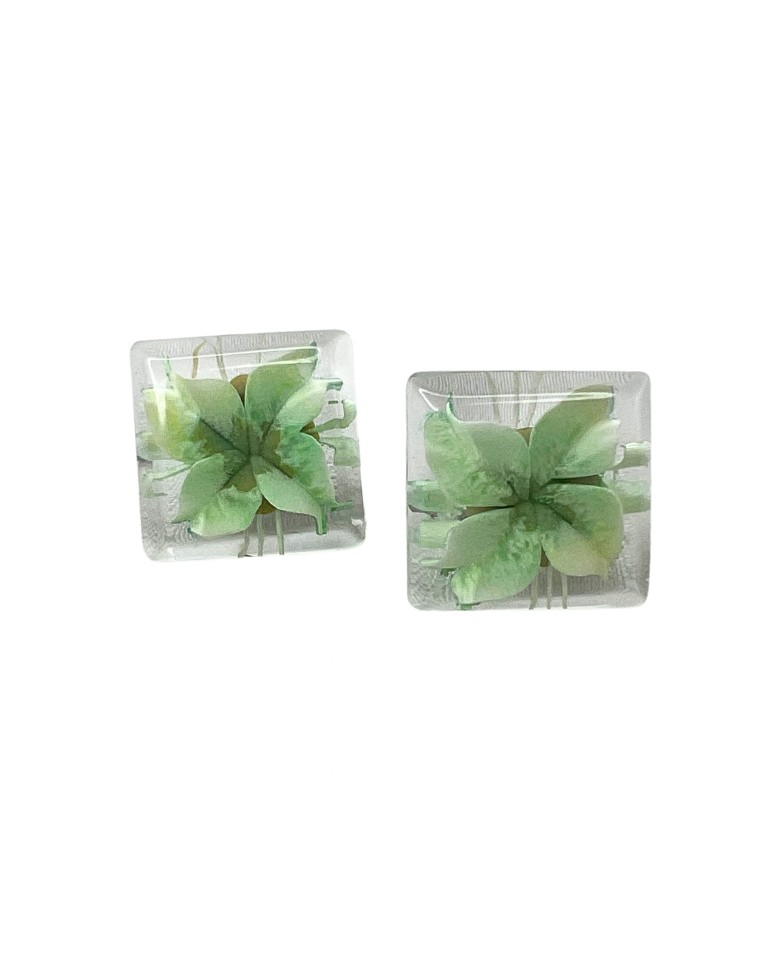 60’s Green Resin Pressed Flower Square Earrings