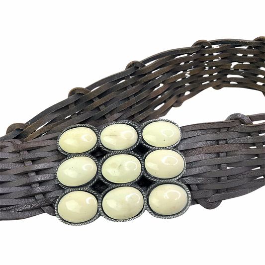 00’s Y2K Woven Leather White Stone Boho Chunky Western Belt Size M