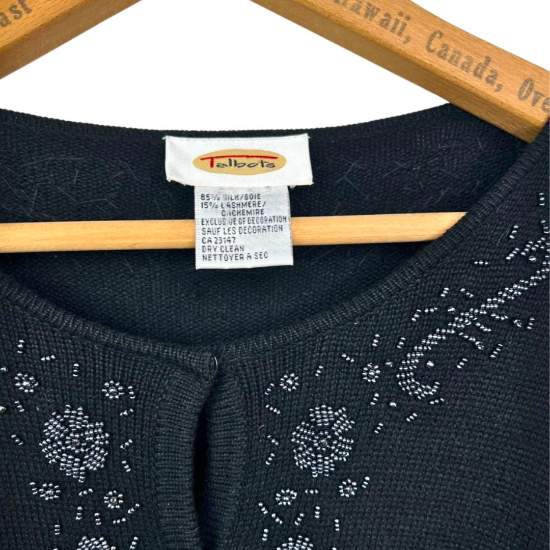 90s Embellished Black Cashmere Silk TALBOTS Cardigan Sweater Size Medium