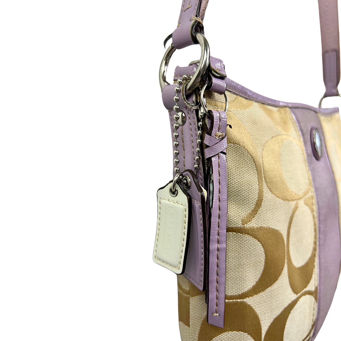 Coach Signature Monogram Lilac Stripe Crossbody Bucket Purse