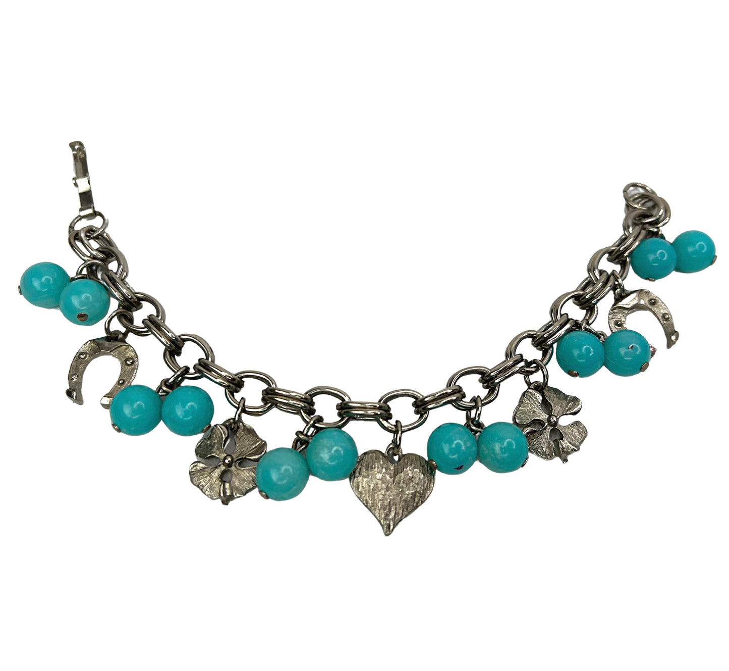 50’s Turquoise Silver Horseshoe Clover Lucky Charm Bracelet