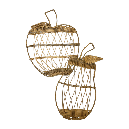 Pair of Fruit Apple & Pear Wicker Woven Rattan Wall Hanging