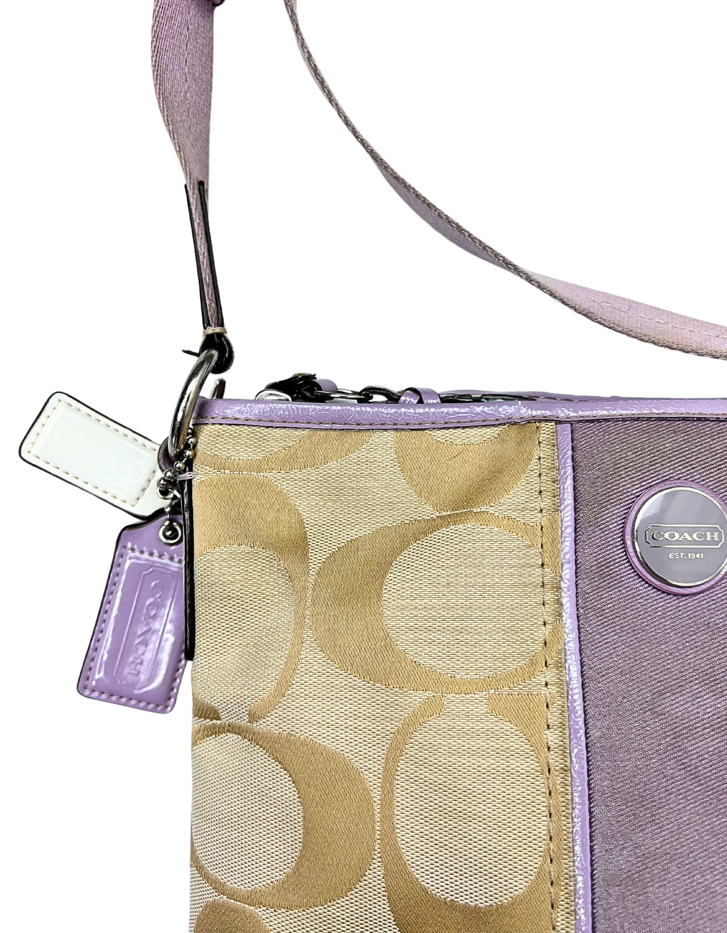 Coach Signature Monogram Lilac Stripe Crossbody Bucket Purse