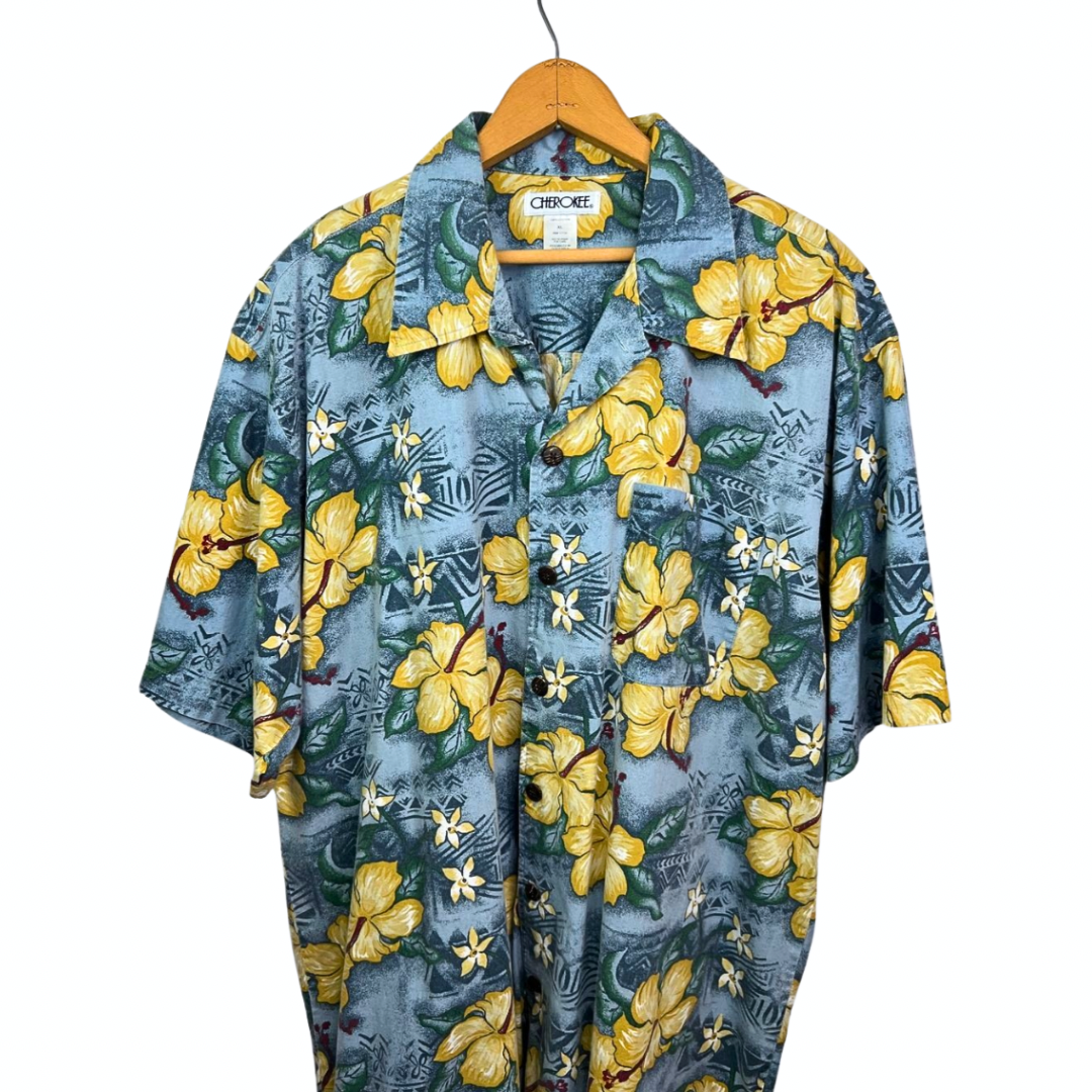 90’s Blue Hawaiian Hibiscus Print Short Sleeve Buttondown Size XL