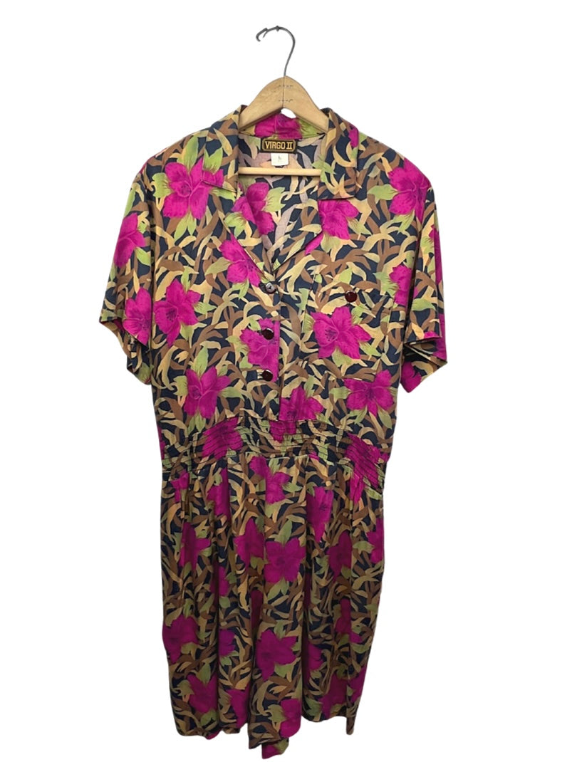 80’s Botanical Safari Print Elastic Waist Romper Jumper Dress with Pockets Sz Medium