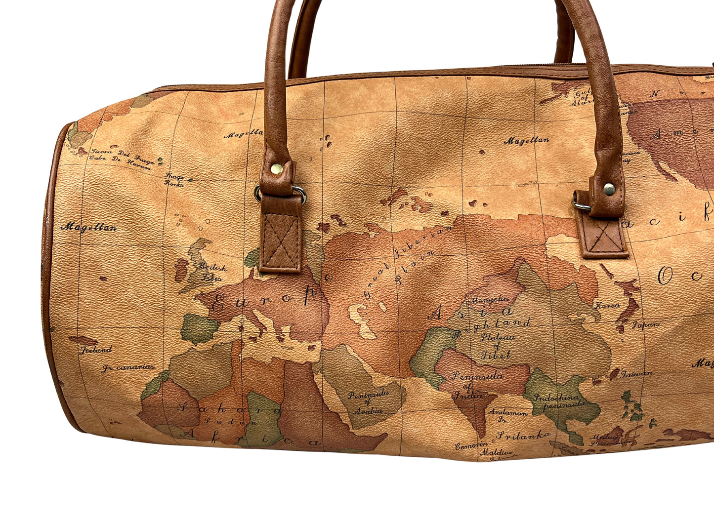 90’s Geography Map Print Faux Vegan Leather Travel Luggage Duffle Bag