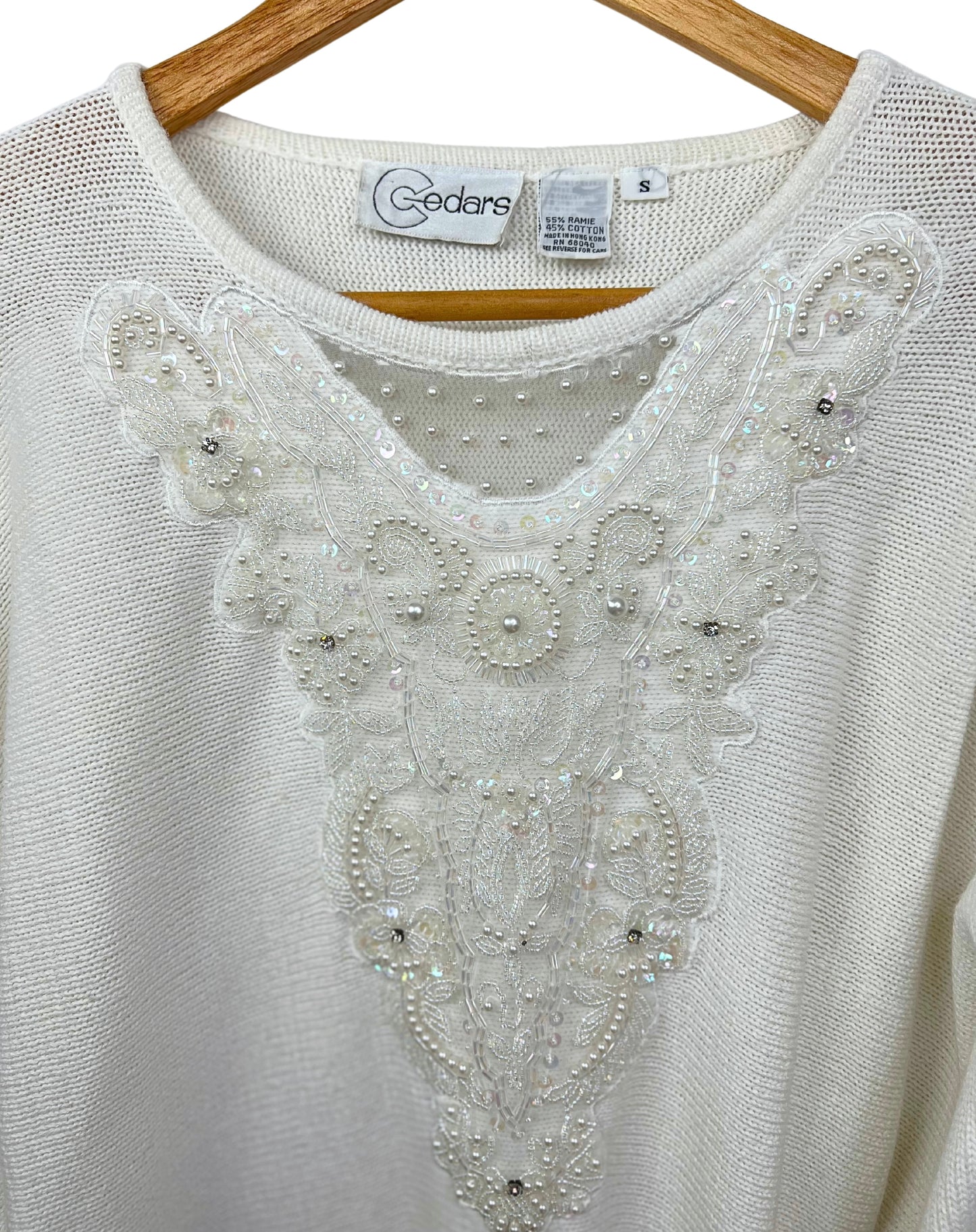 80s Lace Pearl Embellished Sequin Bib Sweater Size Small