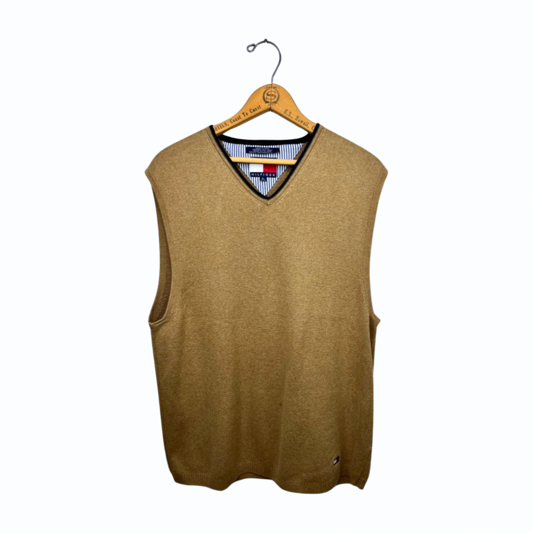 90’s Tommy Hilfiger Tan 100% Cotton V-Neck Sweater Vest Size Large