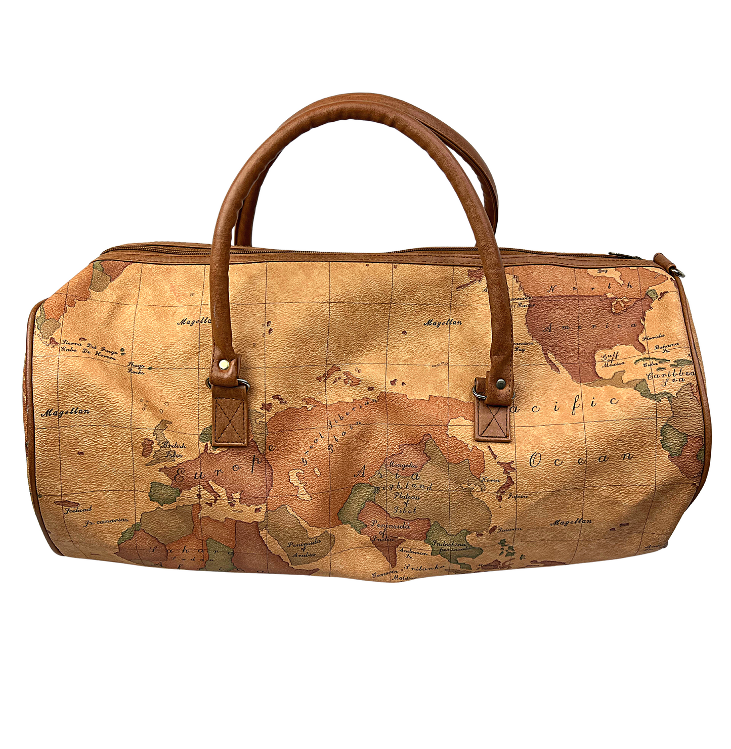 90’s Geography Map Print Faux Vegan Leather Travel Luggage Duffle Bag