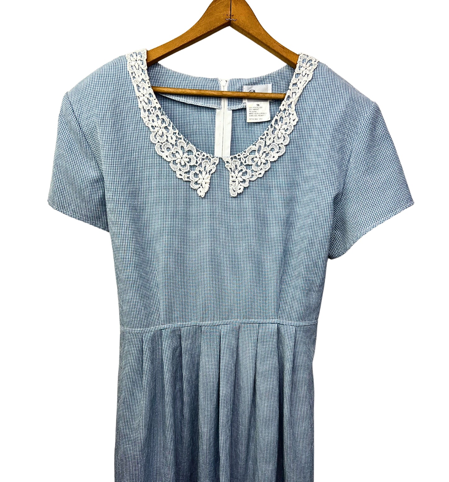 90’s Blue Gingham Plaid Lace Collar Dress Size 18