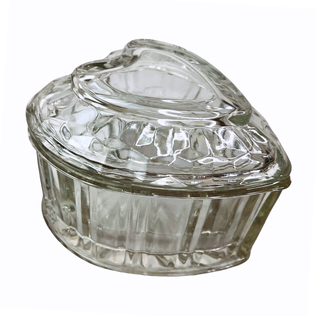 80’s Crystal Heart Shaped Glass Lidded Trinket Jewelry Box 4” x 6”