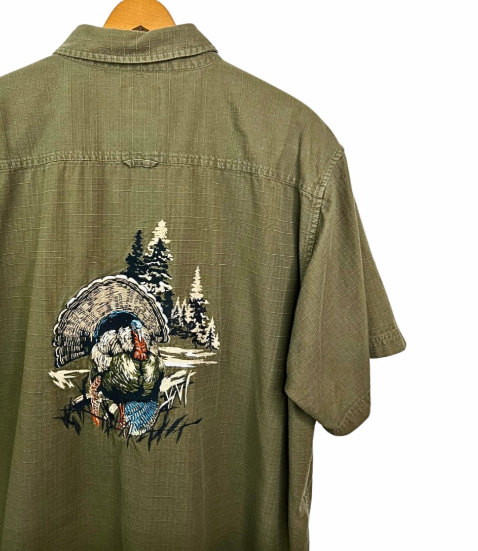 90’s Embroidered Turkey Thanksgiving “Guide Series” Short Sleeve Camp Shirt Size XL