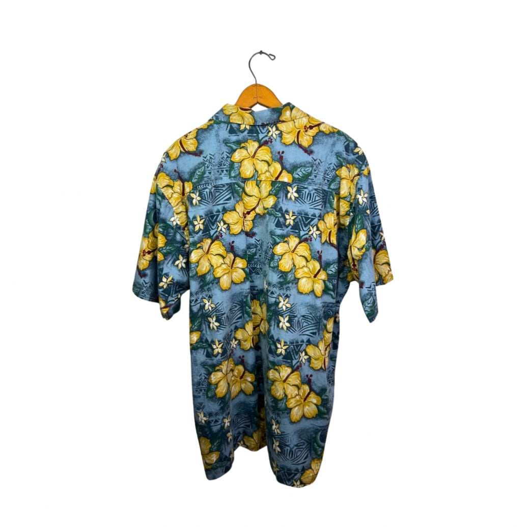 90’s Blue Hawaiian Hibiscus Print Short Sleeve Buttondown Size XL
