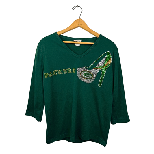 90’s Green Bay Packers Football Rhinestone Bedazzled Vneck High Heel Tee Size Medium
