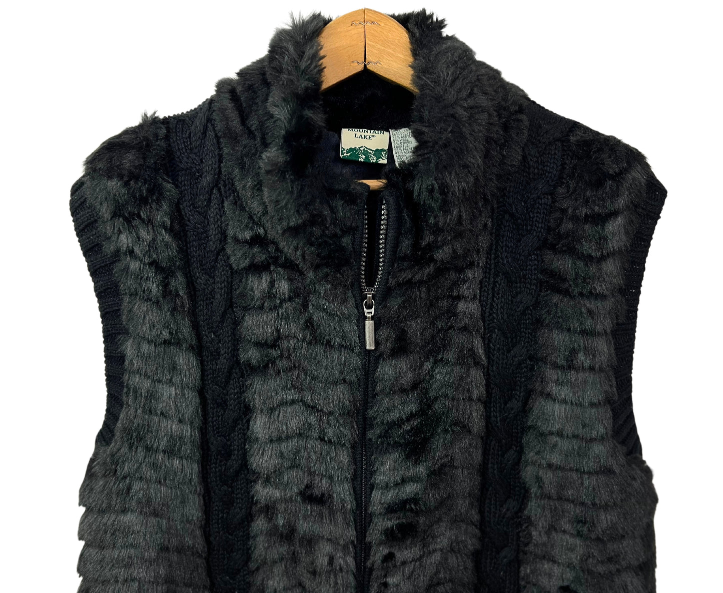 90's Black Faux Fur Cable Knit Sweater Vest