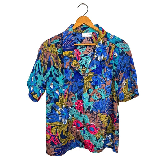 Wms 80’s Silkly Hawaiian Floral Print Short Sleeve Button Size Medium