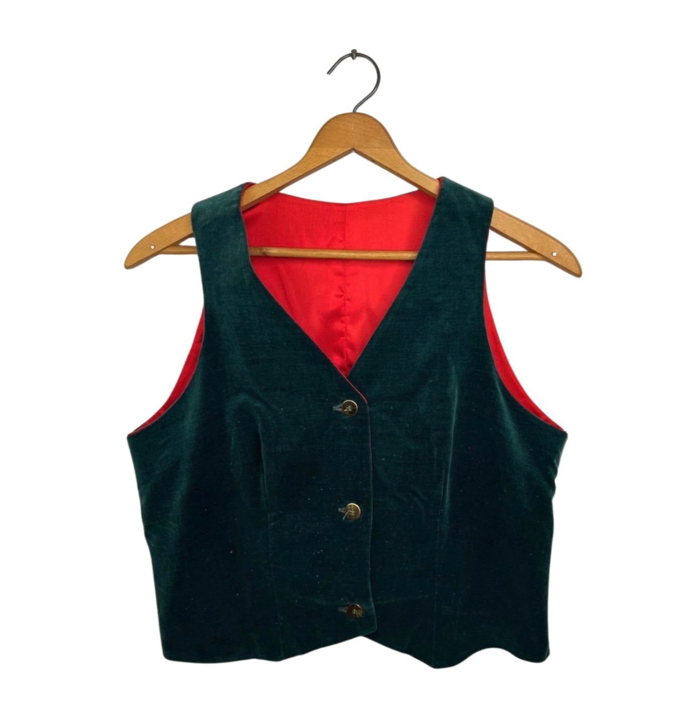 Vintage Green Velvet Red Satin Lined Holiday Vest