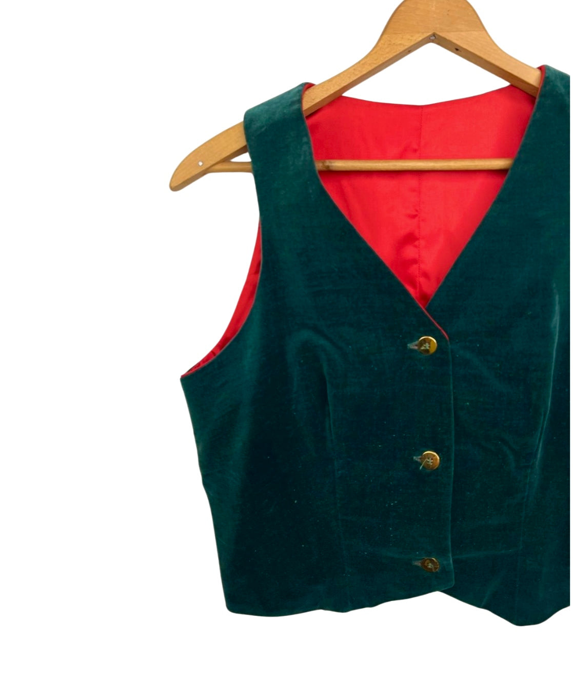 Vintage Green Velvet Red Satin Lined Holiday Vest