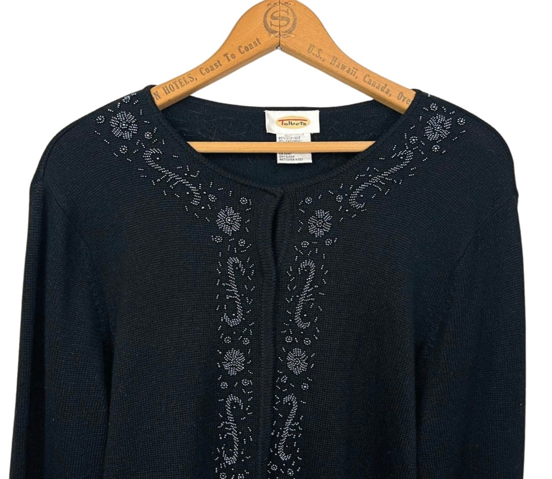 90s Embellished Black Cashmere Silk TALBOTS Cardigan Sweater Size Medium