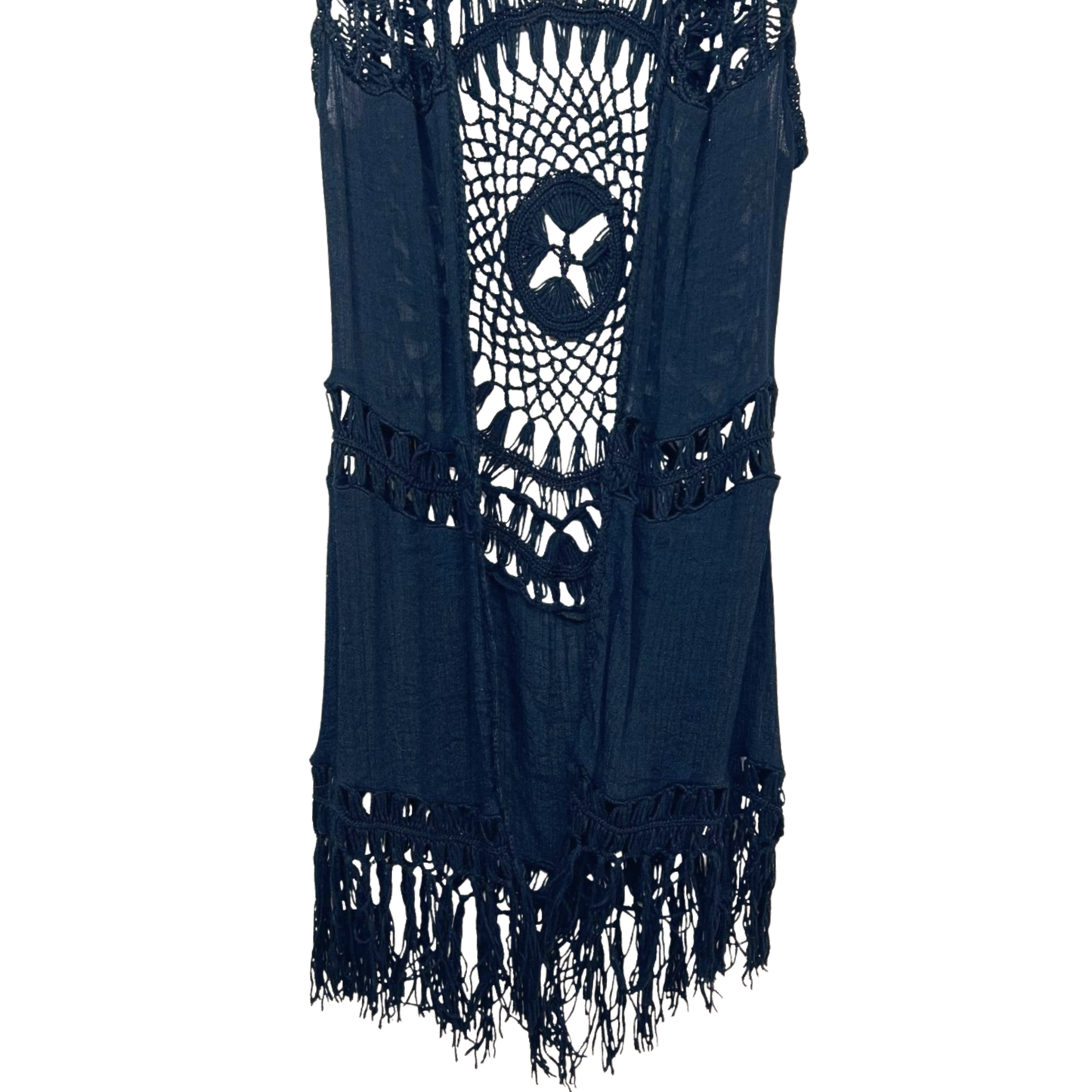 00’s Y2K Black Crochet Fringe Open Front Festival Vest