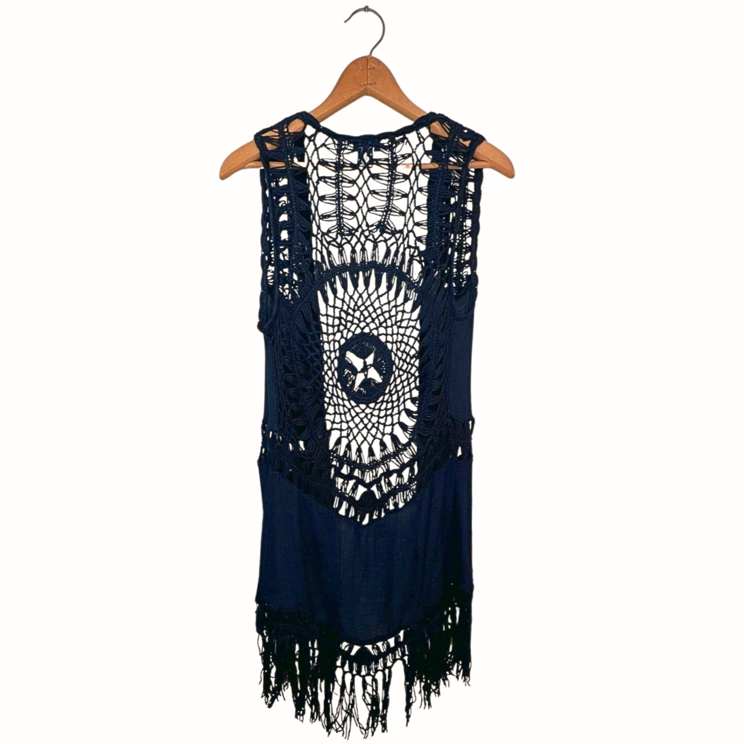 00’s Y2K Black Crochet Fringe Open Front Festival Vest