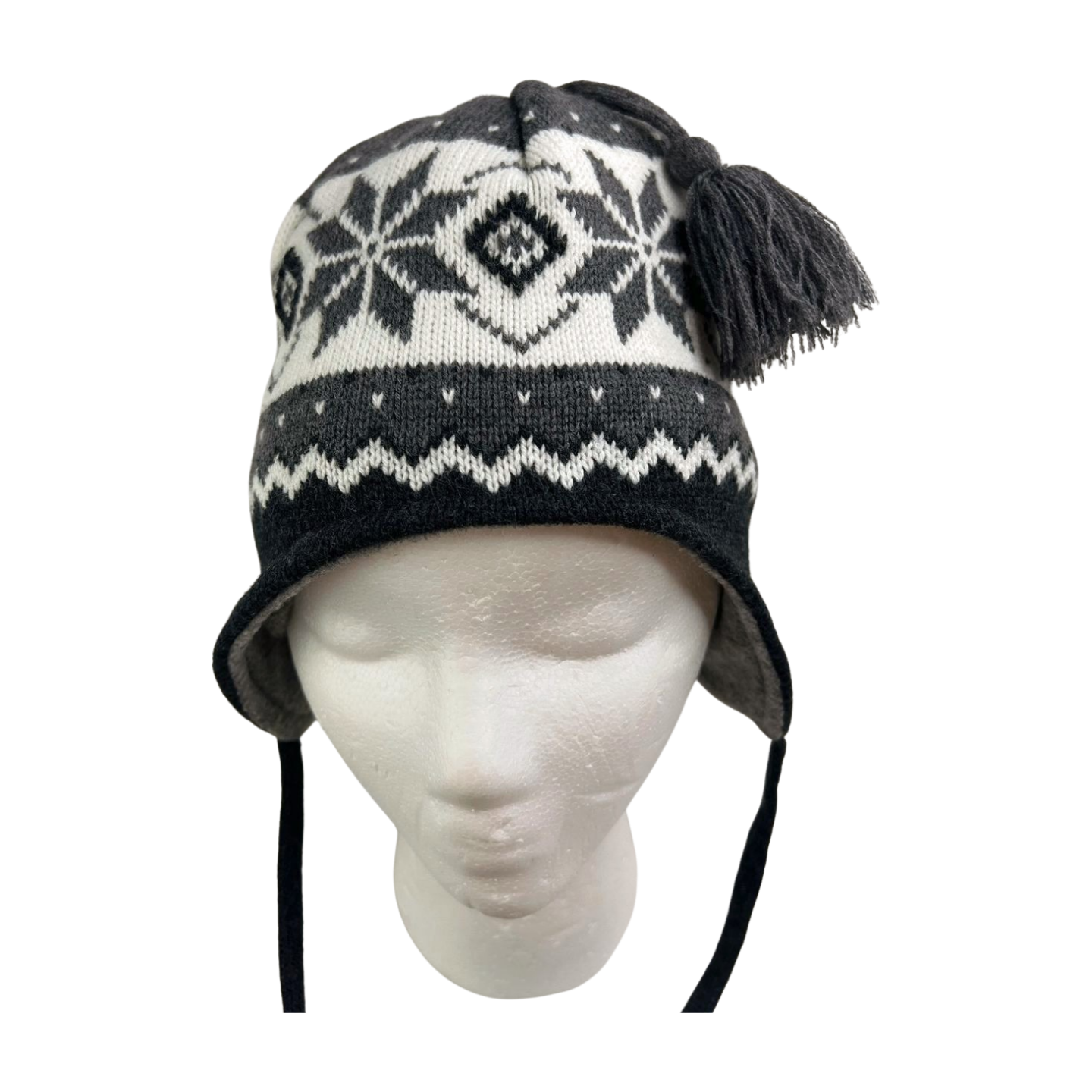 90’s Gray Fair Isle Snowflake Nordic Tassel Earflap Hat