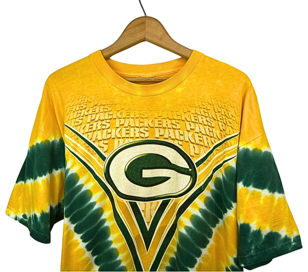 90’s Green Bay Packers Tie Dye Liquid Blue T-Shirt Size L/XL