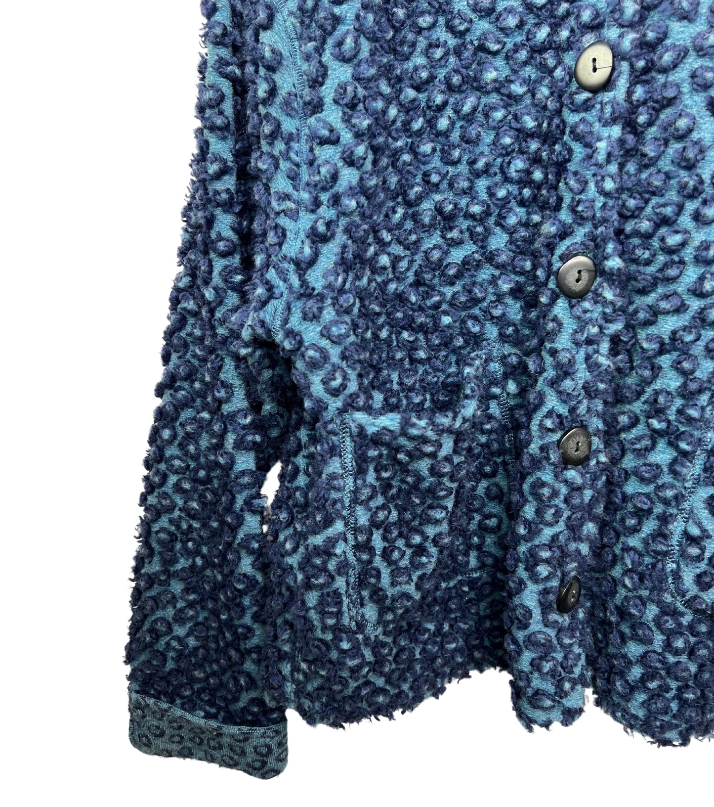 90’s Fuzzy Teddy Bear Fleece Blue Leopard Print Shacket Cardigan Size S/M