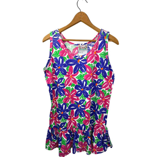 80’s Colorful Floral Drop Waist Ruffle Romper Mini Dress