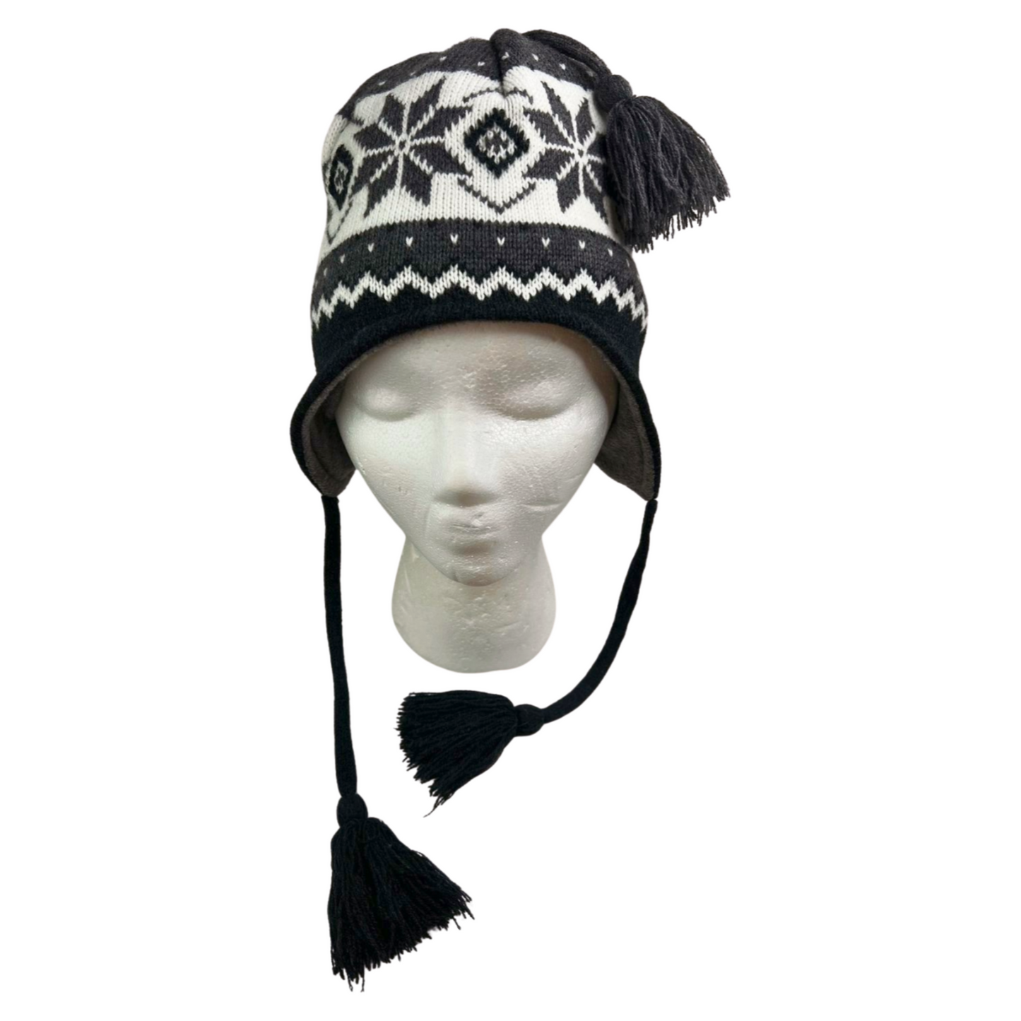 90’s Gray Fair Isle Snowflake Nordic Tassel Earflap Hat