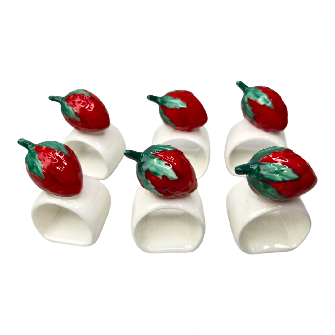 Vintage Set of 6 Strawberry Fruit Fine Bone China Napkin Rings