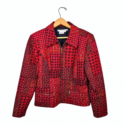 90’s 100% Silk Red Houndstooth Crop Blazer Jacket Size Small