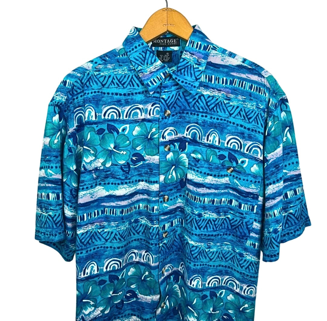 90’s Blue Hawaiian Hibiscus Print Short Sleeve Buttondown