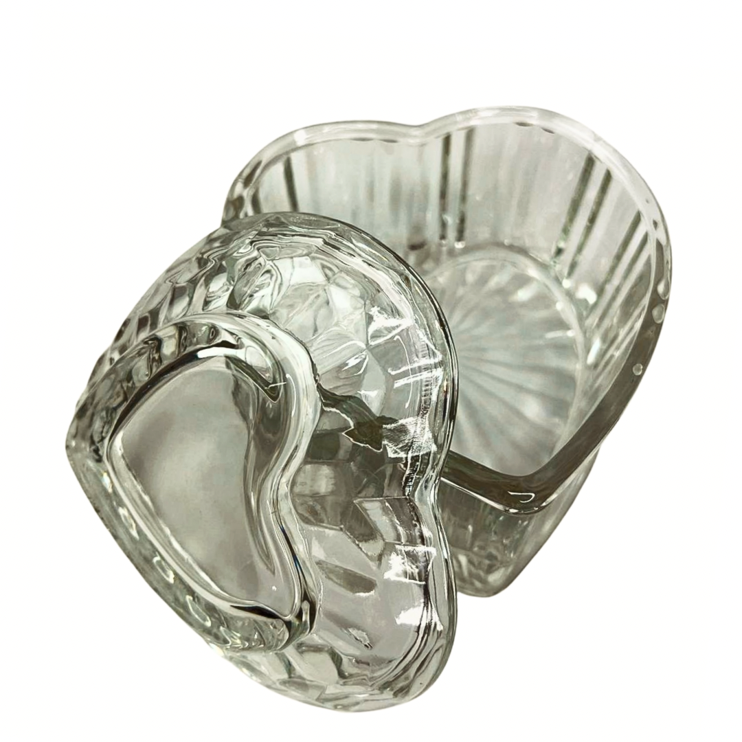 80’s Crystal Heart Shaped Glass Lidded Trinket Jewelry Box 4” x 6”