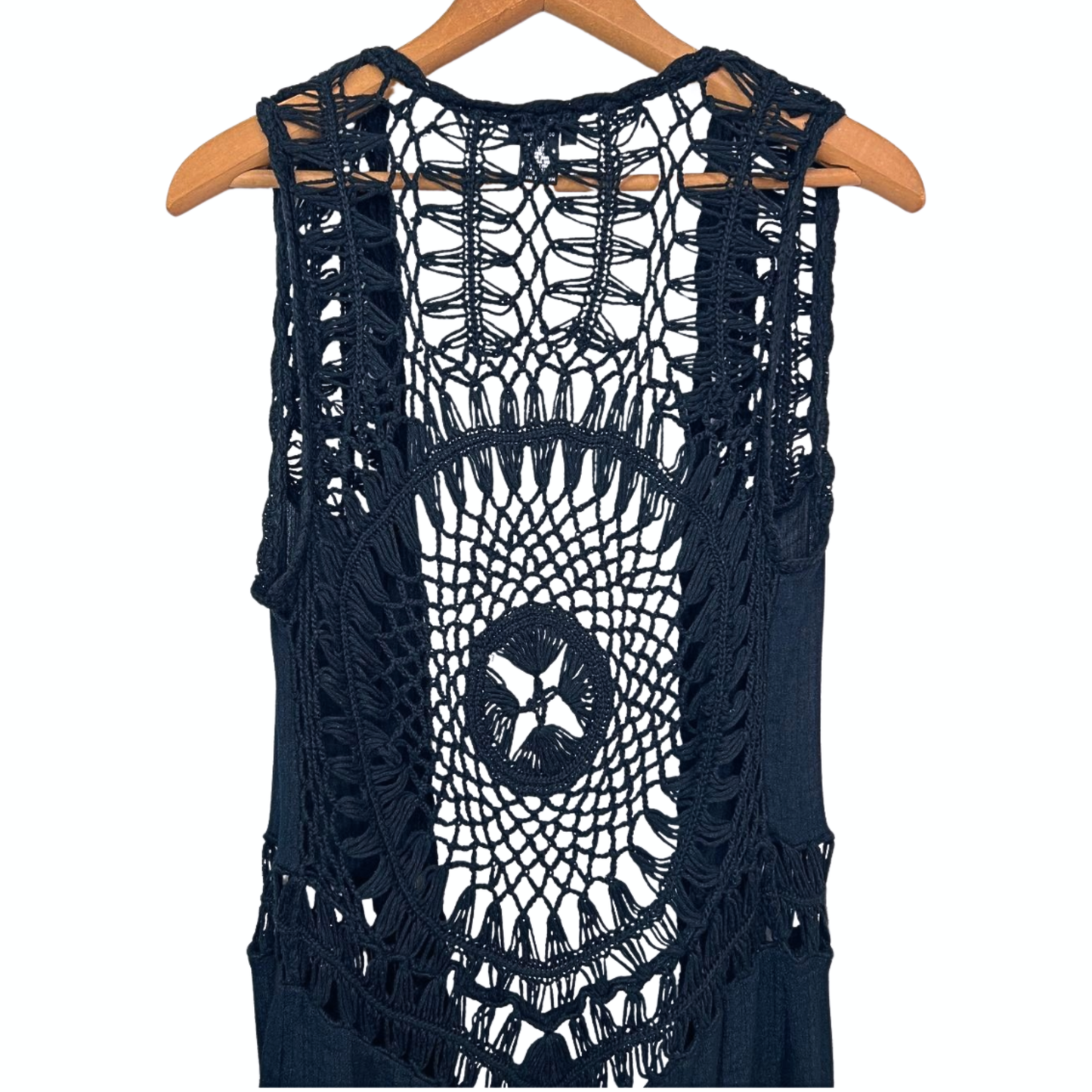 00’s Y2K Black Crochet Fringe Open Front Festival Vest