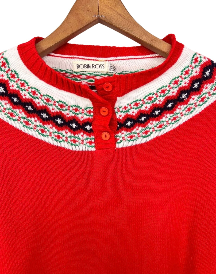 70’s Red Fair Isle Henley Ski Sweater Size S/M