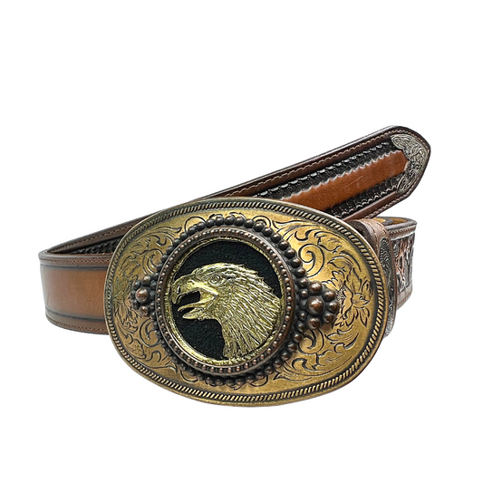 70’s Western Eagle Belt Buckle Tooled Leather Belt Size 54
