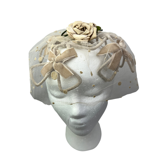 50's Polka Dot Rosette Veiled Wire Pillbox Derby Bridal Fascinator Hat