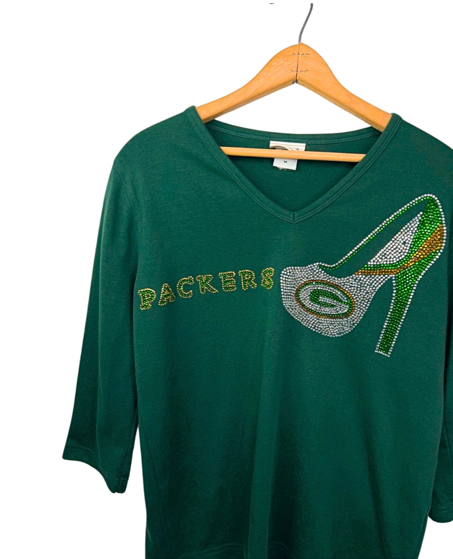 90’s Green Bay Packers Football Rhinestone Bedazzled Vneck High Heel Tee Size Medium