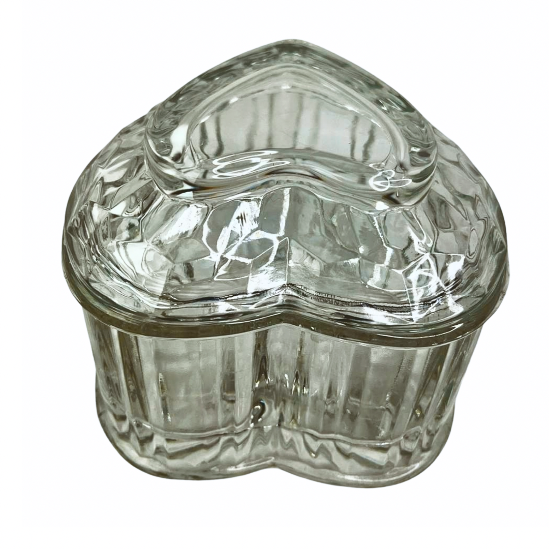 80’s Crystal Heart Shaped Glass Lidded Trinket Jewelry Box 4” x 6”