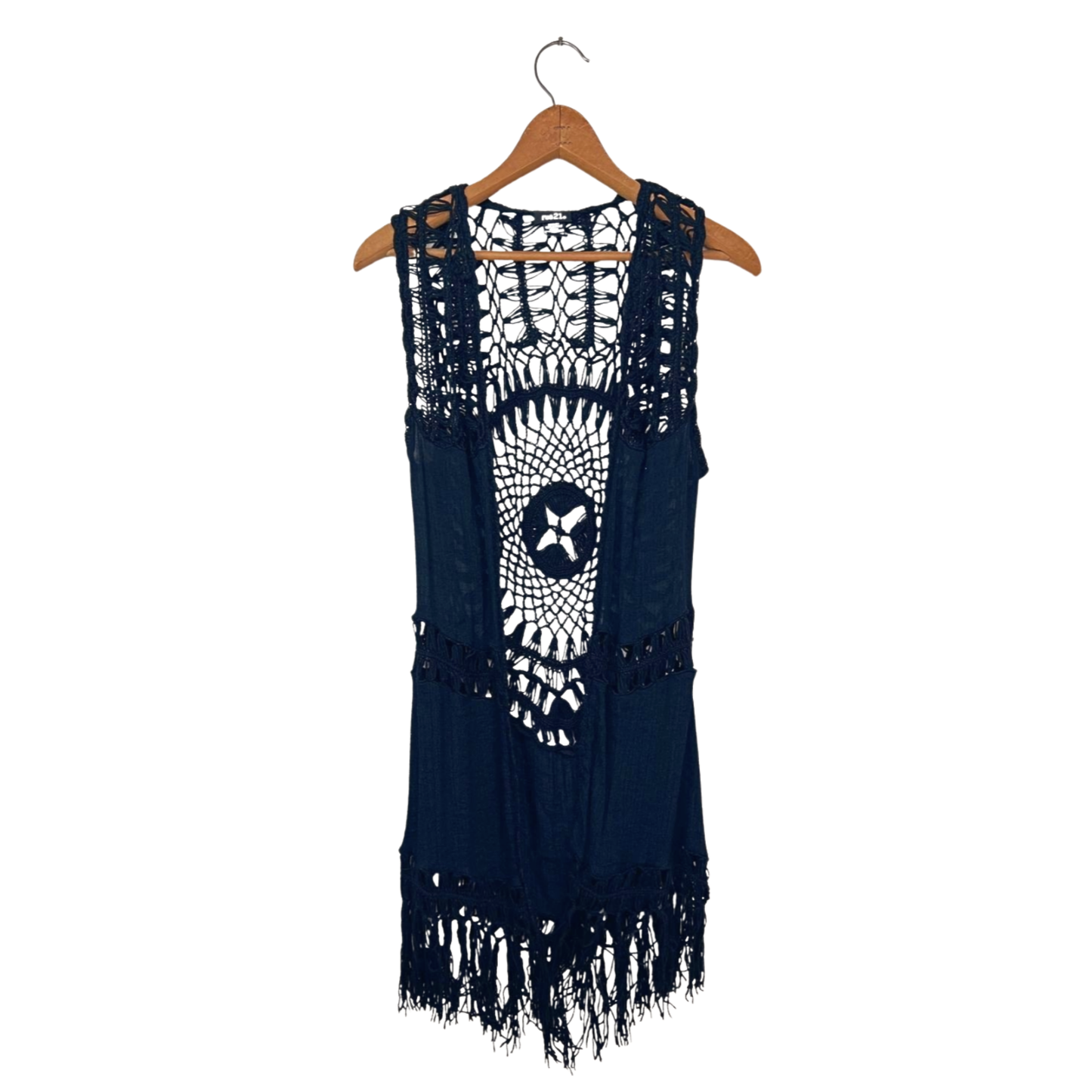 00’s Y2K Black Crochet Fringe Open Front Festival Vest