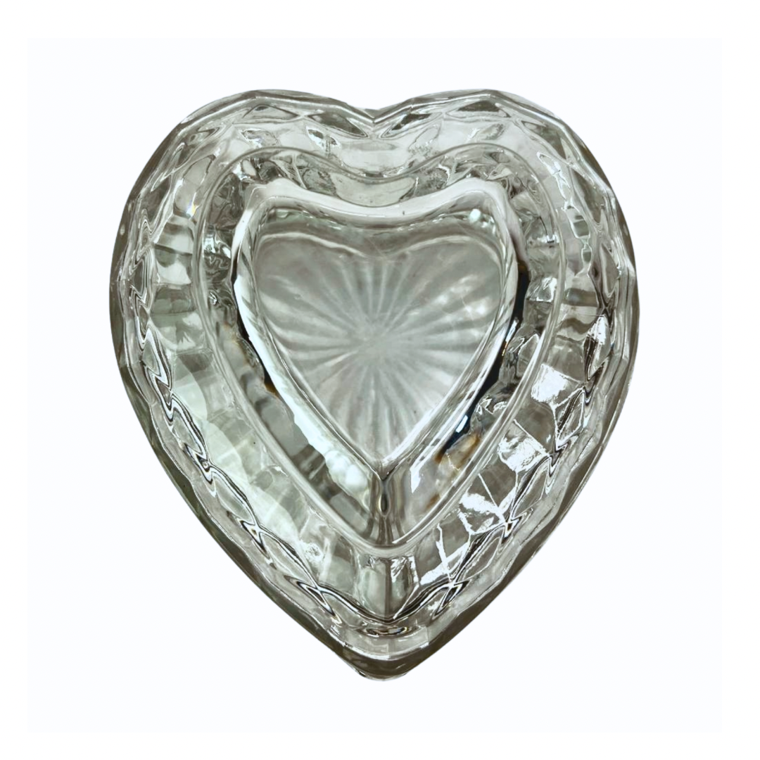 80’s Crystal Heart Shaped Glass Lidded Trinket Jewelry Box 4” x 6”