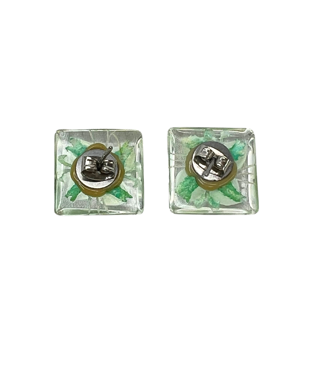 60’s Green Resin Pressed Flower Square Earrings