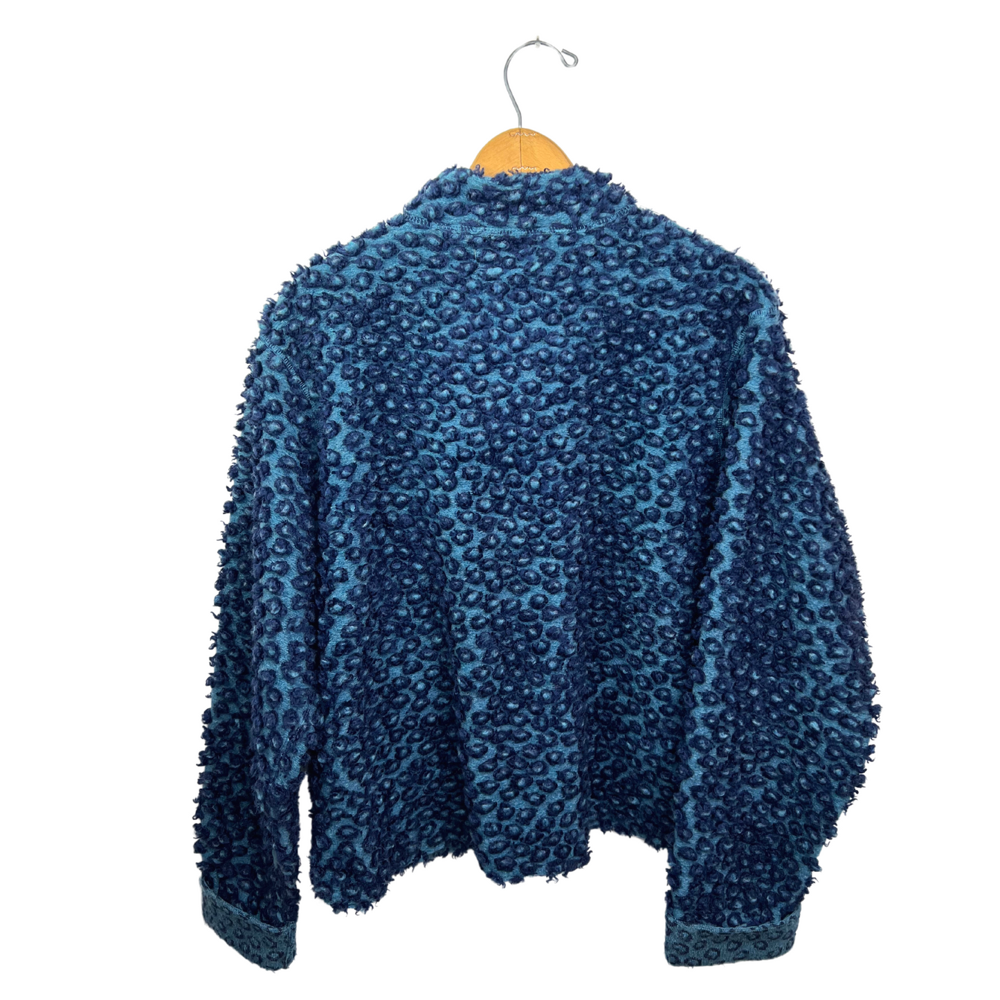 90’s Fuzzy Teddy Bear Fleece Blue Leopard Print Shacket Cardigan Size S/M