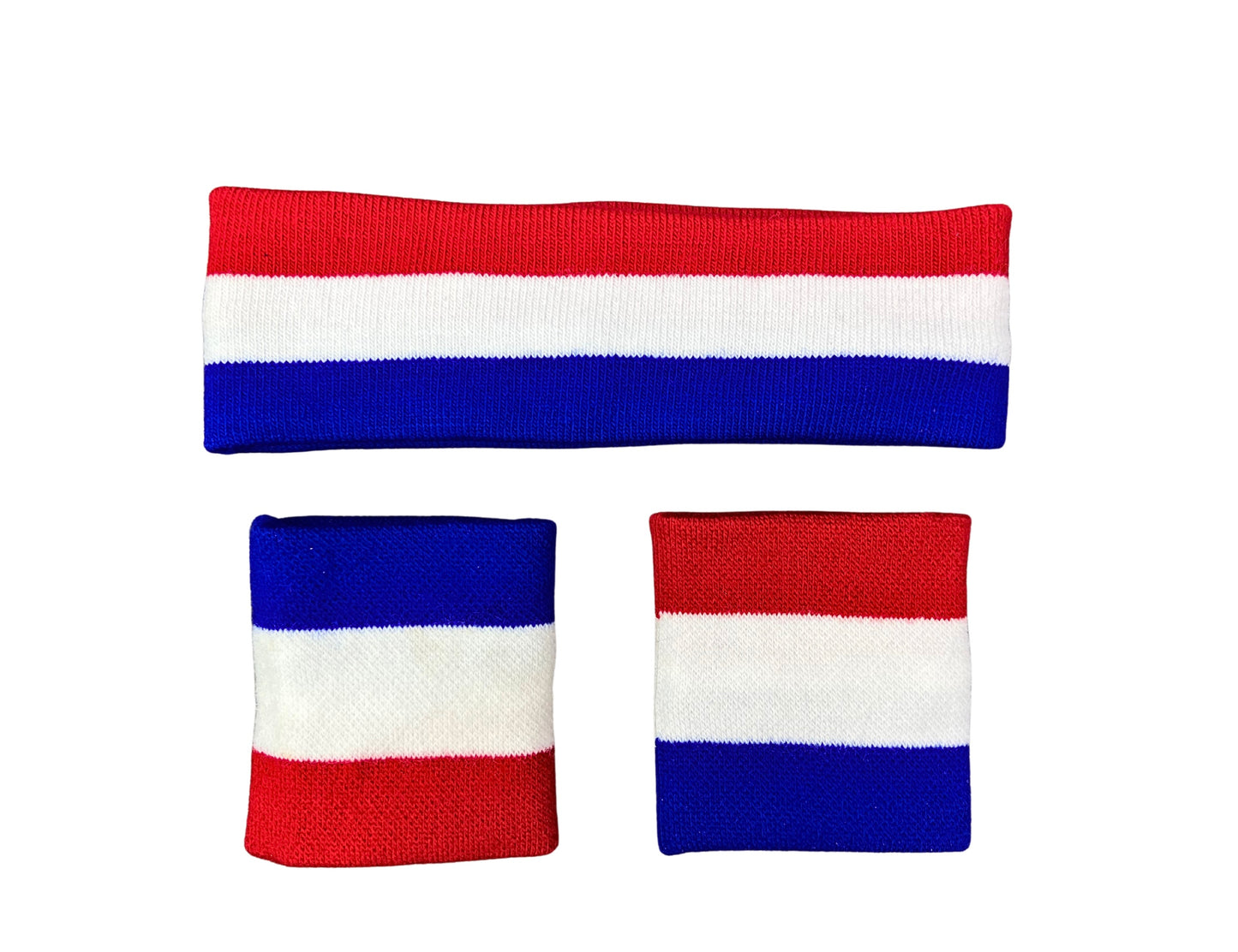 80’s Red/White/Blue Striped Set of Sweatbands Headband & Wristband