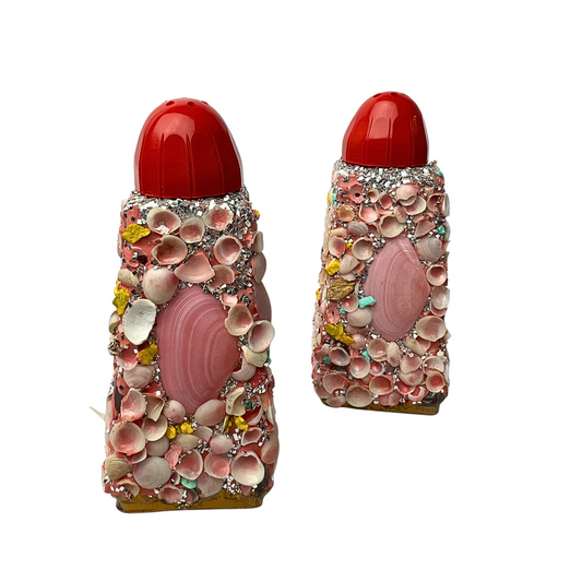 60’s Pink Seashell Encrusted Anchor Hocking Salt & Pepper Shakers